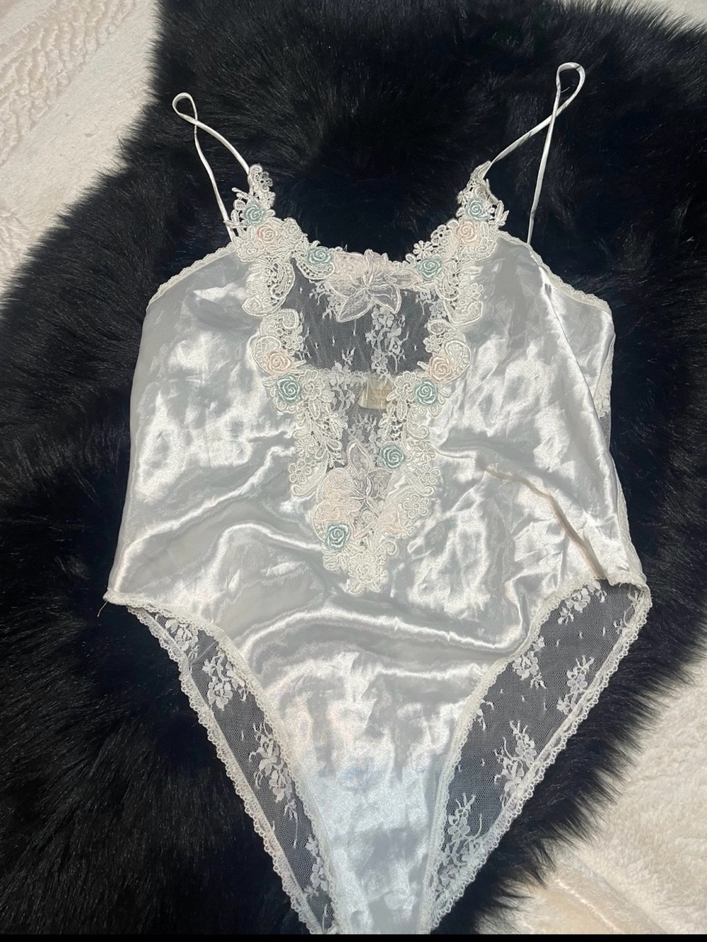 Victoria's Secret Ivory Satin Lace-Trim Teddy with Floral Appliqué